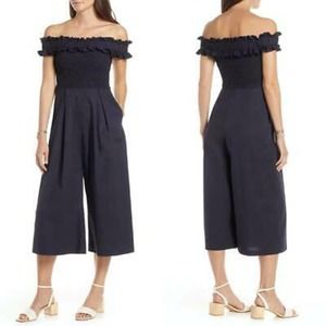 1901 Nordstrom Smocked Off Shoulder Navy Jumpsuit